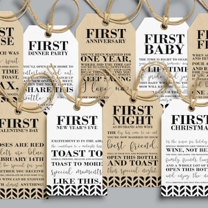 9 Milestone Wine Labels Printable, Bridal Shower Gift, Milestone Wine Bottle Labels Wedding, Wine Tags Set Year of Firsts, Wine Basket Ideas
