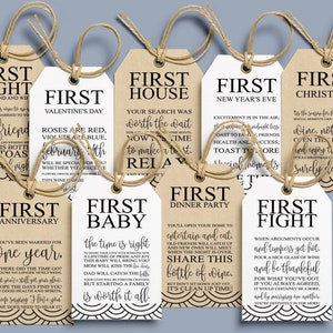 9 Milestone Wine Labels Printable, Milestone Wine Tags Bridal Shower Gift, Milestone Wine Labels Wedding, Wine Basket Year of Firsts Married