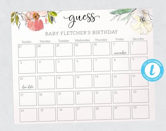 Editable Guess Baby's Birthday Calendar, Guess The Baby Birth Date Game, Guess The Birthday Baby Shower, Baby Due Date Calendar Shower Game