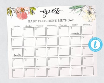 Editable Guess Baby's Birthday Calendar, Guess The Baby Birth Date Game, Guess The Birthday Baby Shower, Baby Due Date Calendar Shower Game