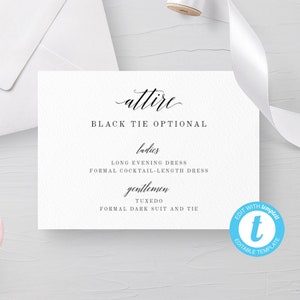 Bearbeitbare Dress Code Karte, Dress Code Hochzeit, Dress Code Richtlinien, Hochzeitskleidung Kartenvorlage, Hochzeitsinformationskarte, Optionen für Kleidungskarten