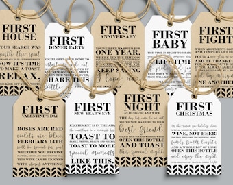 May include: Ten white gift tags with black text and geometric patterns. Each tag features a different milestone, such as "First House", "First Dinner Party", "First Anniversary", "First Baby", "First Fight", "First Valentine's Day", "First New Year's Eve", "First Night as Husband and Wife", "First Christmas".