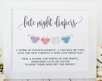 Late Night Diapers Baby Shower Game, Late Night Diapers Saying, Late Nights Diaper Sign Printable, Midnight Diaper Game Instructions Digital