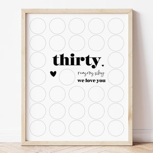 Letrero "30 razones por las que te amamos", Letreros de cumpleaños para hombres (30 razones), Letrero imprimible de feliz 30 cumpleaños, Tablero de registro de cumpleaños, Tarjeta personalizada