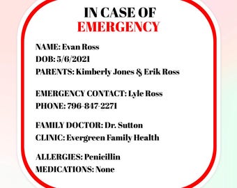 Emergency Contact Sticker for Car Seat: Paramedic First Responder