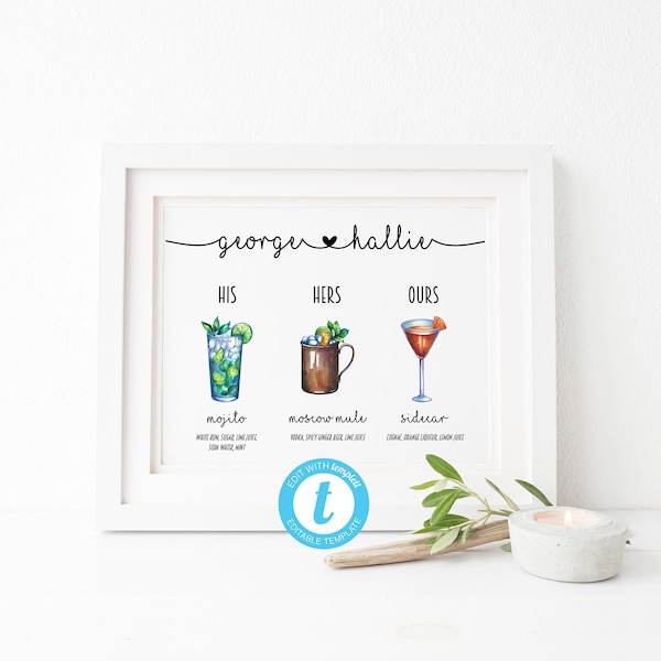 Editable His and Hers Cocktail Sign, Bride and Groom Signature Drink Sign, Wedding Bar Sign Printable, DIY Cocktail Drink Menu Wedding Ideas
