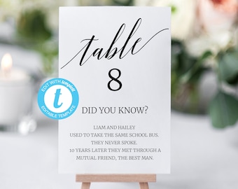 Fun Facts For Wedding Table Numbers, Fun Facts For Wedding Day, Table Number Template, Did You Know Wedding Fact, Table Numbers With Picture