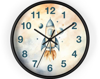 Horloge fusée spatiale : décoration de chambre d'enfant bleue et orange