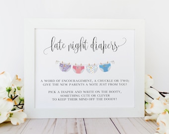Late Night Diapers Baby Shower Game, Late Night Diapers Saying, Late Nights Diaper Sign Printable, Midnight Diaper Game Instructions Digital