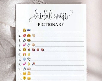 Juego imprimible de Pictionary nupcial, respuestas de emoji de Pictionary nupcial, clave de respuestas de Pictionary nupcial, tarjetas de juego de Emoji Pictionary con respuestas