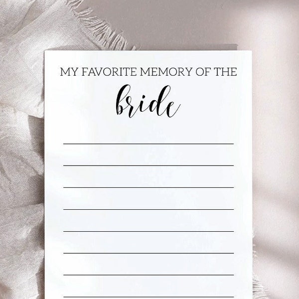 My Favorite Memory Of The Bride Cards, Favorite Memory Bridal Shower Cards, Memory Book Ideas, Advice & Well Wishes For The Bride Printable