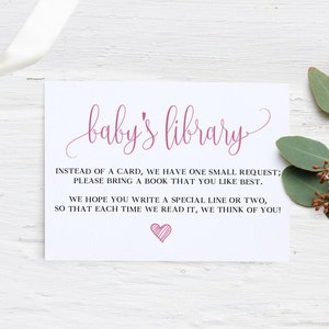 Roze boek verzoek kaart uitnodiging invoegen, afdrukbare download babybibliotheek, breng een boek mee in plaats van een kaart, babymeisje babyshower