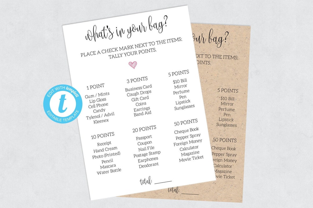 Editable What's in Your Purse Game, What's in Your Bag Game, DIY Game Template, Baby Shower Game