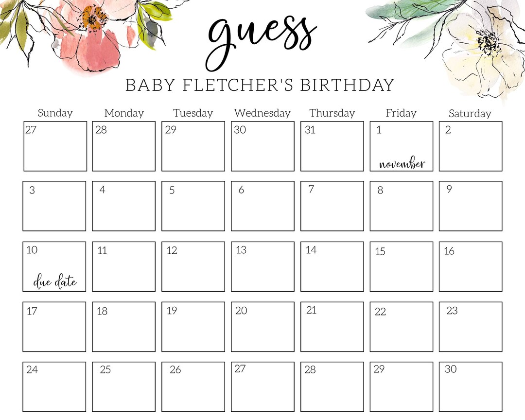 Editable Guess Baby's Birthday Calendar, Guess the Baby Birth Date Game ...