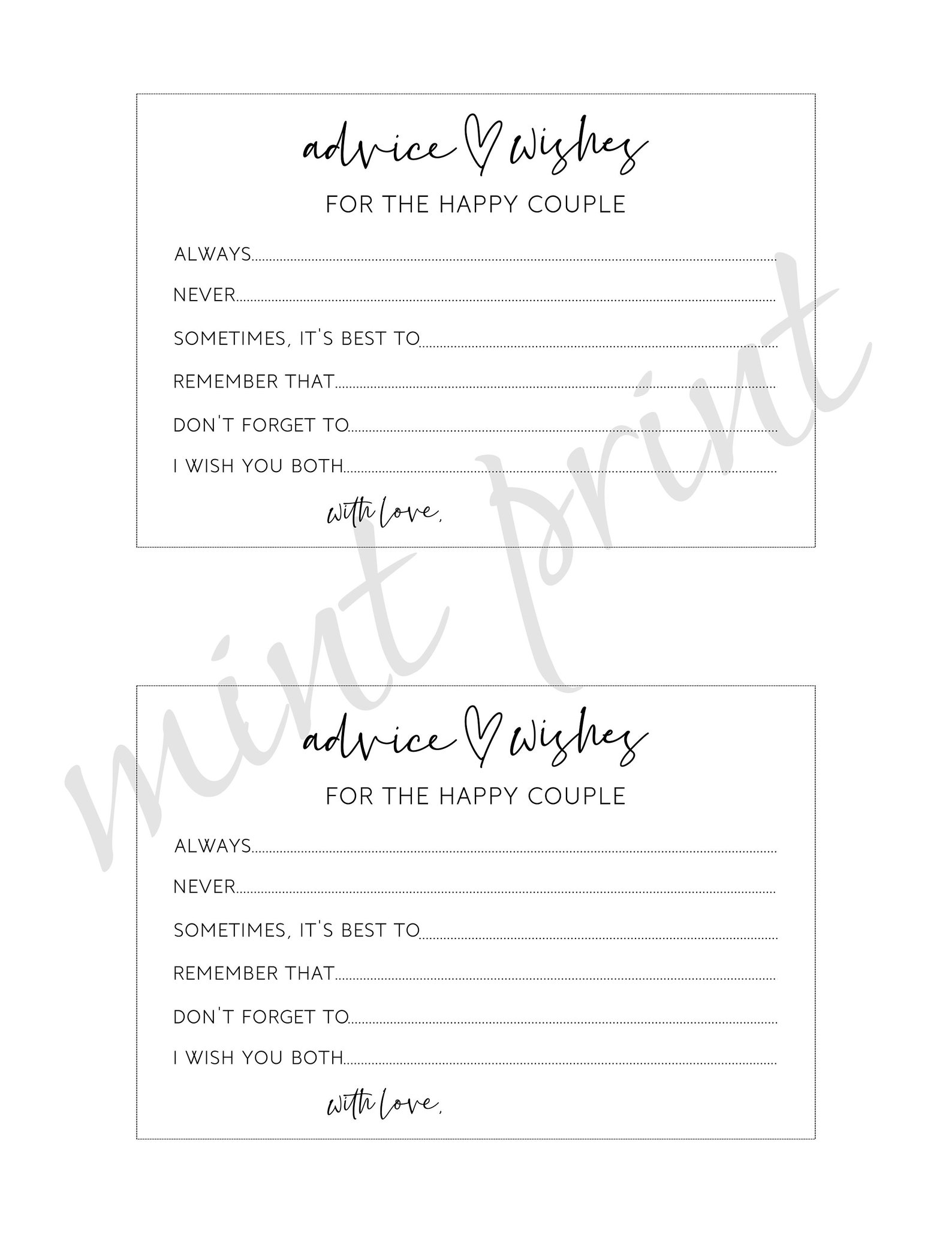 Wedding Advice Card Template Wishes for the Bride and Groom Etsy