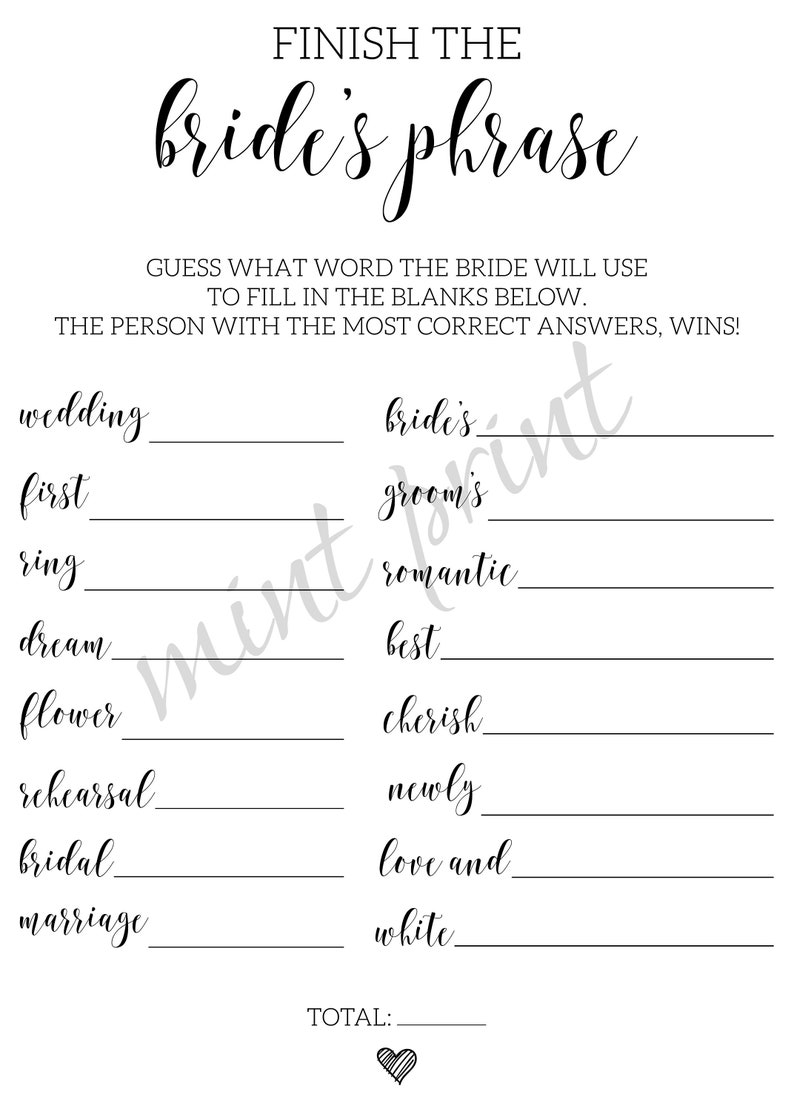 Instant Download Finish The Bride Phrase Game Finish The | Etsy