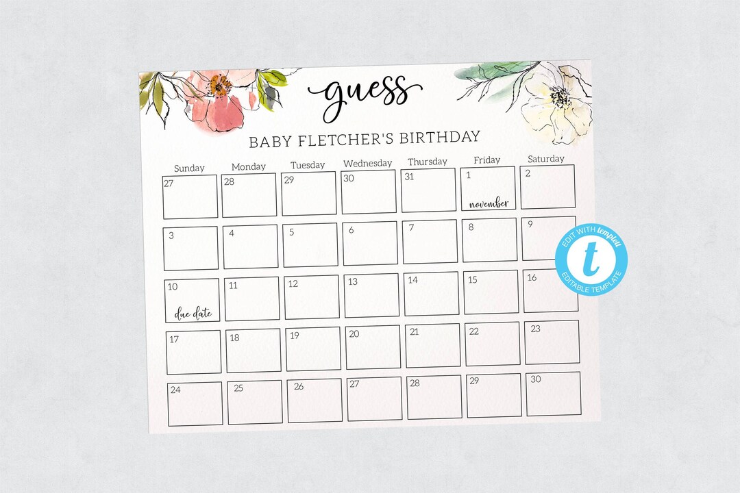 Editable Guess Baby's Birthday Calendar, Guess the Baby Birth Date Game ...