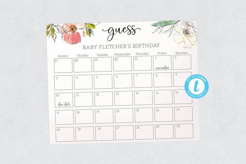 Editable Guess Baby's Birthday Calendar Guess the Baby - Etsy