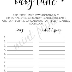 May include: A printable game sheet with the title "Name That Baby Tune". The game instructs players to name the song and artist for each song that includes the word "baby". There are 10 lines for players to write their answers.