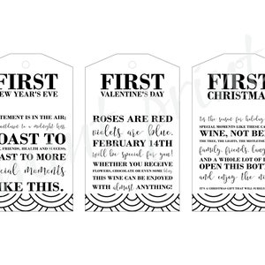 May include: Three white gift tags with black text and a black and white wavy design at the bottom. The first tag says "First New Year's Eve" and has the text "Excitement is in the air; the countdown to a midnight kiss. Toast to family, friends, health and success; Toast to more special moments like this."