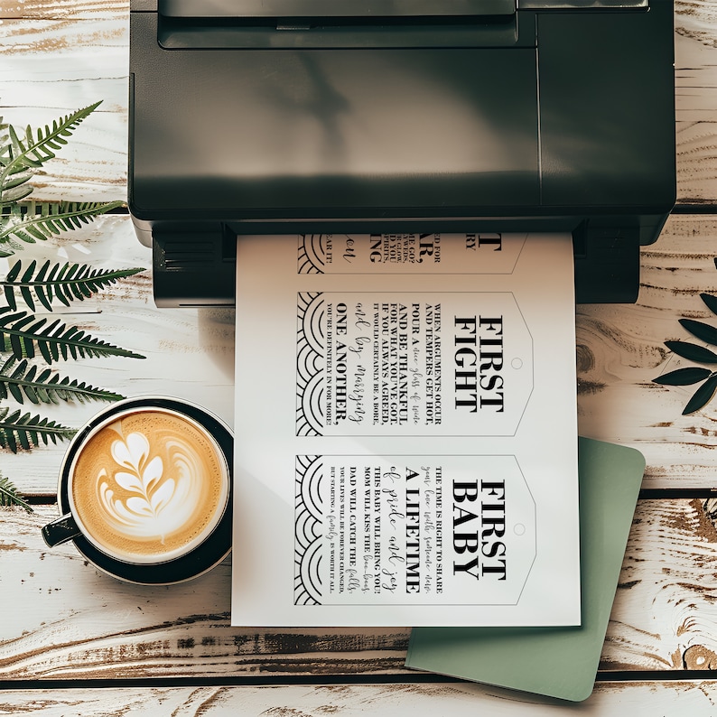 May include: Two printable tags with black and white text on a white background. The text on the top tag reads "First Fight" and includes a quote about marriage. The text on the bottom tag reads "First Baby" and includes a quote about the joy of a new baby.