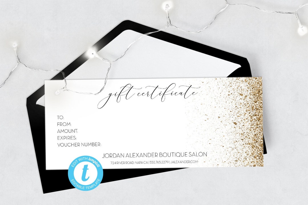 Editable Gift Certificate Template, Gold Glitter Gift Certificate ...