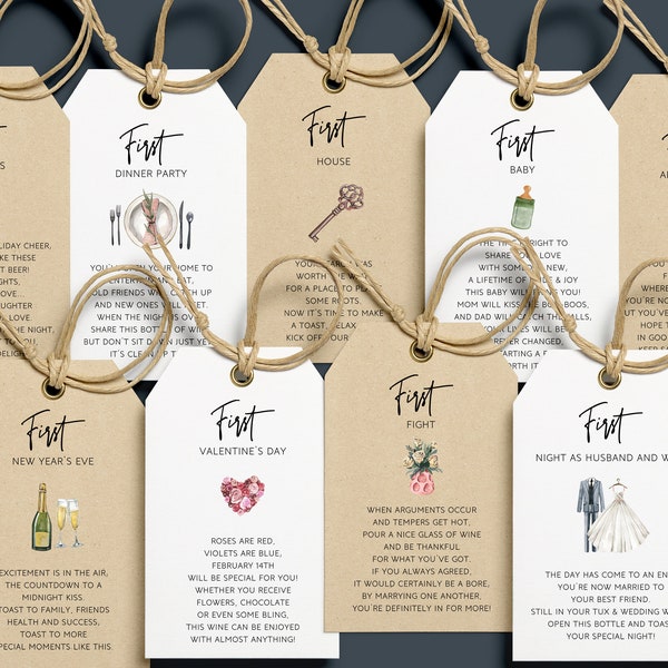 9 Marriage Milestone Wine Tags, Wine Tags Watercolor, First Year Milestone, Wine Poem Tag, Wine Basket Ideas For Firsts, Wine Bottle Tags