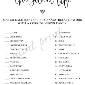 The Sweet Life Candy Match Game &amp; Answers, How Sweet It is Baby Shower ...