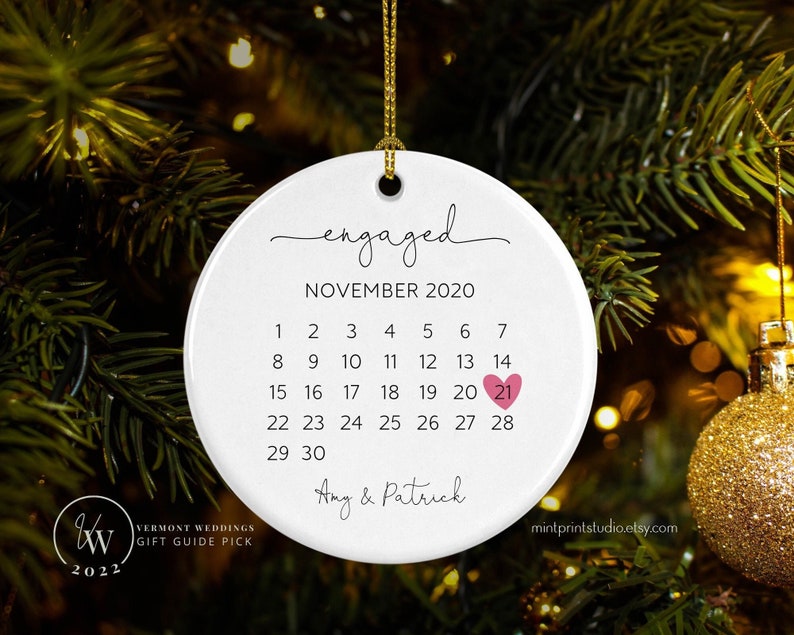 Just Engaged Gift Idea, Personalized Just Engaged Christmas Ornament, Christmas Ornament With Engagement Date, Custom Calendar Ornament Gift image 1