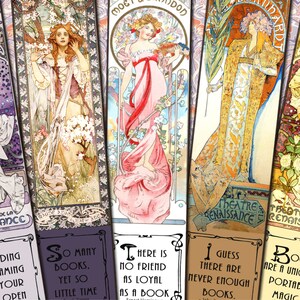 5 vintage art nouveau bookmarks with quotes about reading and books, with a suitable print for the back, print yourself, digital.