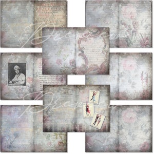 Op de afbeelding: Een verzameling vintage scrapbook papieren vellen. De vellen bevatten vervaagde bloemen- en botanische ontwerpen in roze, grijs en crème tinten. Sommige vellen bevatten handgeschreven tekst en illustraties, wat een gelaagde, antieke uitstraling creëert.