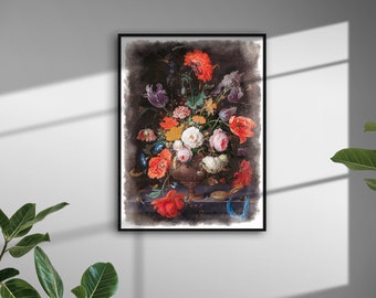 Old Masters series #1 - Still life with flowers and a watch, Abraham Mignon, wall art, painting, printable.