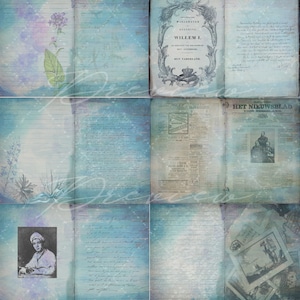 junk journal kit, printable, digital paper, scrapbooking, vintage, blue A4, 12 spreads with free bonus embellishments!