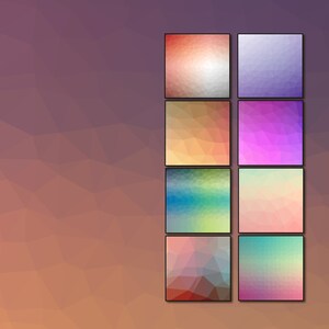 Può includere: Un set di nove sfondi di carta digitale che presentano una varietà di colori e motivi geometrici. Gli sfondi sono in stile low-poly, con un effetto sfumato.