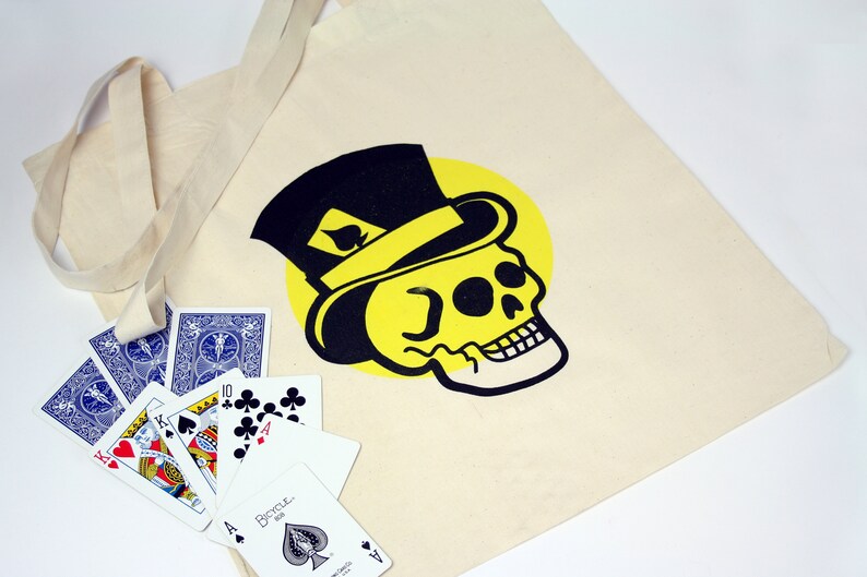 Cotton Tote Bag \u2022 Screen Printed \u2022 Handmade \u2022 Book Bag \u2022 Shopper \u2022 Reusable \u2022 Skull \u2022 Top Hat \u2022 Ace of Spades \u2022 Tattoo Design \u2022Graphic Print