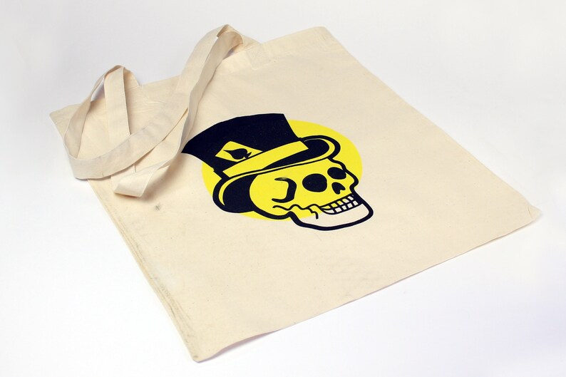 Cotton Tote Bag \u2022 Screen Printed \u2022 Handmade \u2022 Book Bag \u2022 Shopper \u2022 Reusable \u2022 Skull \u2022 Top Hat \u2022 Ace of Spades \u2022 Tattoo Design \u2022Graphic Print
