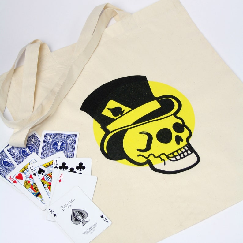 Cotton Tote Bag \u2022 Screen Printed \u2022 Handmade \u2022 Book Bag \u2022 Shopper \u2022 Reusable \u2022 Skull \u2022 Top Hat \u2022 Ace of Spades \u2022 Tattoo Design \u2022Graphic Print