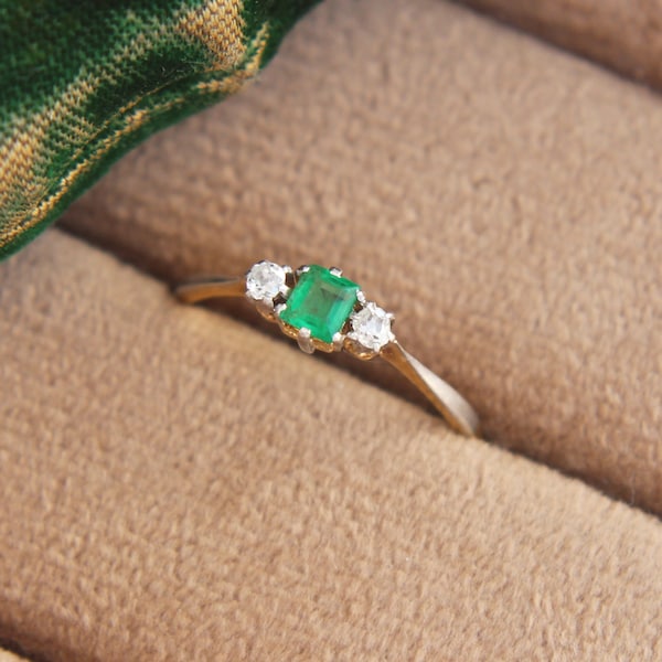 Victorian Emerald and Old Cut Diamond Three Stone Ring