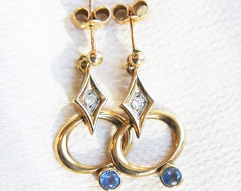 Vintage Saphir und Diamant Abstrakte Tropfen Ohrringe