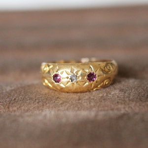 Edwardian Ruby and Old Cut Diamond Three Stone Gypsy Ring 18ct Yellow Gold Chester 1908