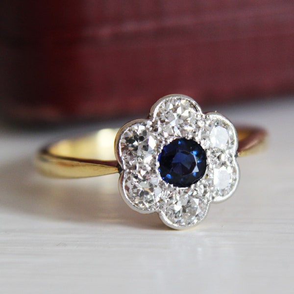 Victorian Sapphire & Old Cut Diamond Daisy Cluster Ring