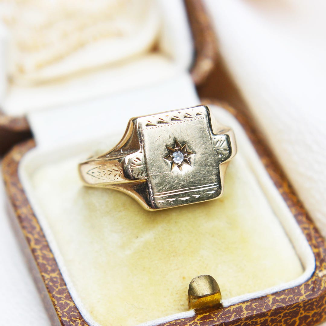 Vintage Rectangular Shaped Diamond Signet Ring 9ct Yellow Gold