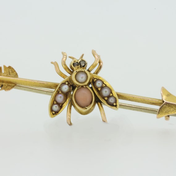 Diamond, Coral and Natural Pearl Bug Arrow Brooch