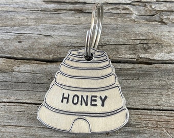 Pet ID Tag, Honey Bee Hive, Personalized By Hand Pet Dog ID Name Tag  Custom Tag, Three Sizes, Select Custom Metal Options, Funny Pet Tags