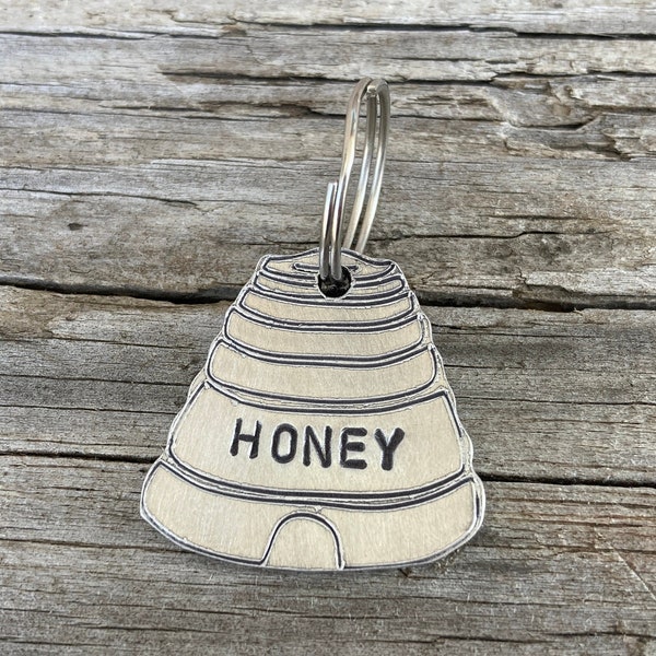 Pet ID Tag, Honey Bee Hive, Personalized By Hand Pet Dog ID Name Tag  Custom Tag, Three Sizes, Select Custom Metal Options, Funny Pet Tags