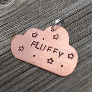 Cloud Pet Tag with Stars - Large 1 x 1 1/2" Custom Pet Id Tag - Personalized Hand-Stamped Dog Name Tag - Select Metal Type Funny