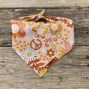 Personalized Dog Bandana, Flower Power, Custom Name Genuine Leather Tag, Tie On Style, Accessory for Dogs, Pet Neckwear, Pet Clothing