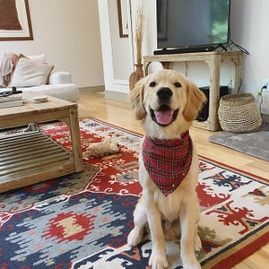 Golden Retriever Dog Bandanas, Red Green Plaid, Dog Bandana, Traditional Tie, Personalized Leather Name Tag Bandanna, Scarf, Pet Accessories