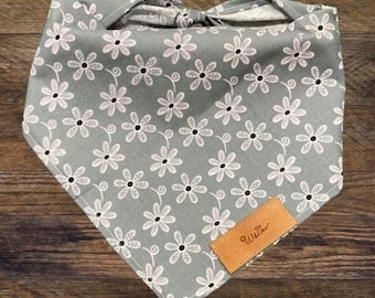 Dog Bandana, Wildflowers with Grey, Traditional Tie, Personalized Leather Name Tag Bandanna, Scarf, Pet Accessories, Puppy Dog Bandana