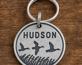 Engraved Brass Pet ID Tag – Flying Ducks & Tall Grass Design, Dark Brushed Finish, Name Phone Number, Durable Rustic Outdoor Style, Metals